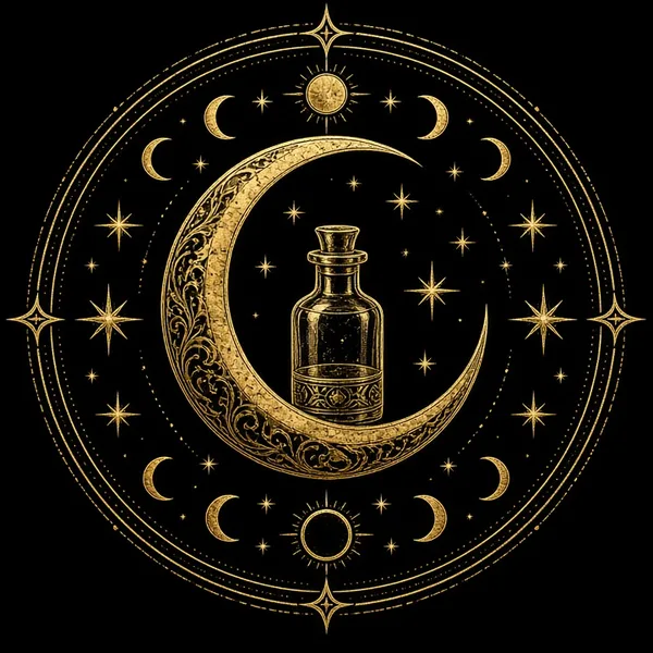 Gold crescent moon and vial emblem within a ring of stars and moon phases