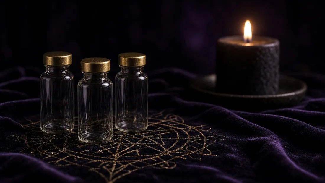 Three gold-capped glass vials on purple velvet beside a gold sigil and a black candle